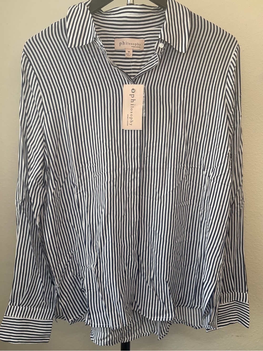 Philosophy Dark Navy Blue with White Vertical Stripes, Button-Up Shirt. - Picture 4 of 8